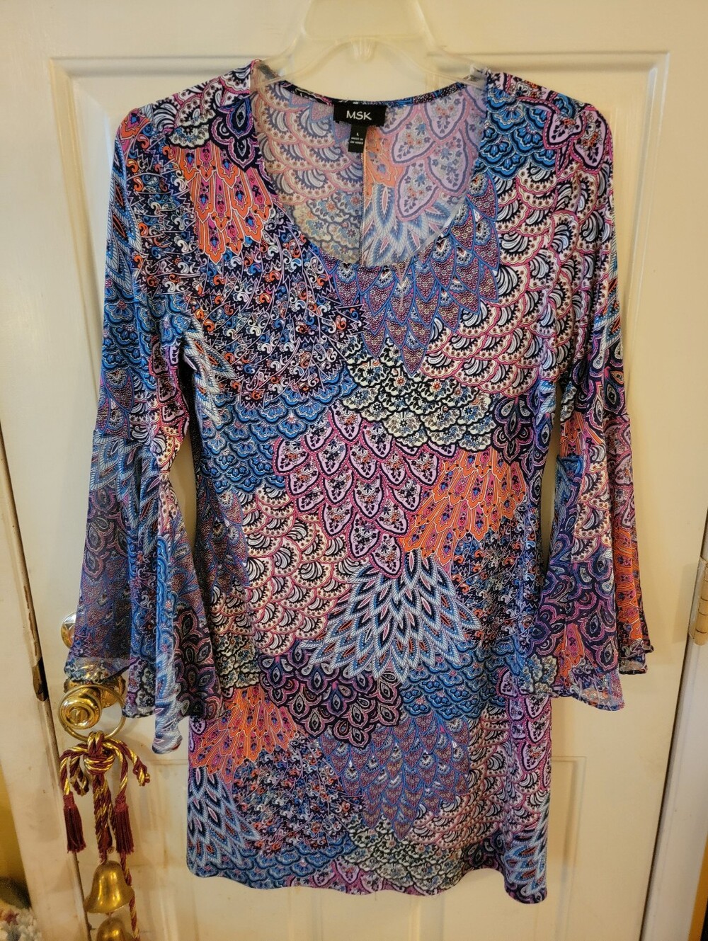 MSK Multicolor Printed V-Neck Long Sleeve Dress - Blue, Purple, Pink, Orange